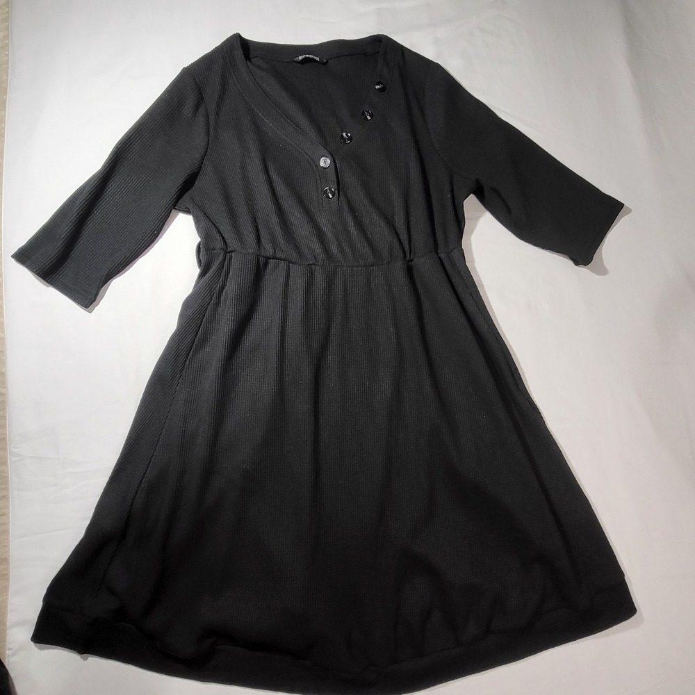 Bloomchic Black Waffle Knit V-Neck Empire Waist Dress Plus Size 14-16